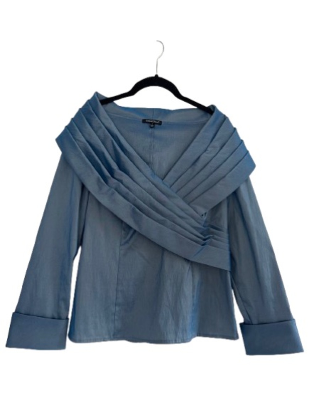 Samuel Dong V Neck Pintuck Draped Long Sleeve Blouse Blue
